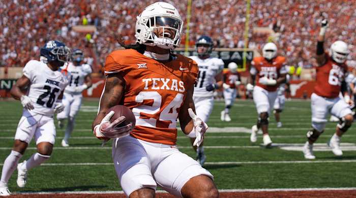 Texas Longhorns running back Jonathon Brooks (24) runs into the end zone for a touch down in the first quarter against the Rice Owls of an NCAA college football game, Saturday, Sept. 2, 2023, in Austin, Texas.